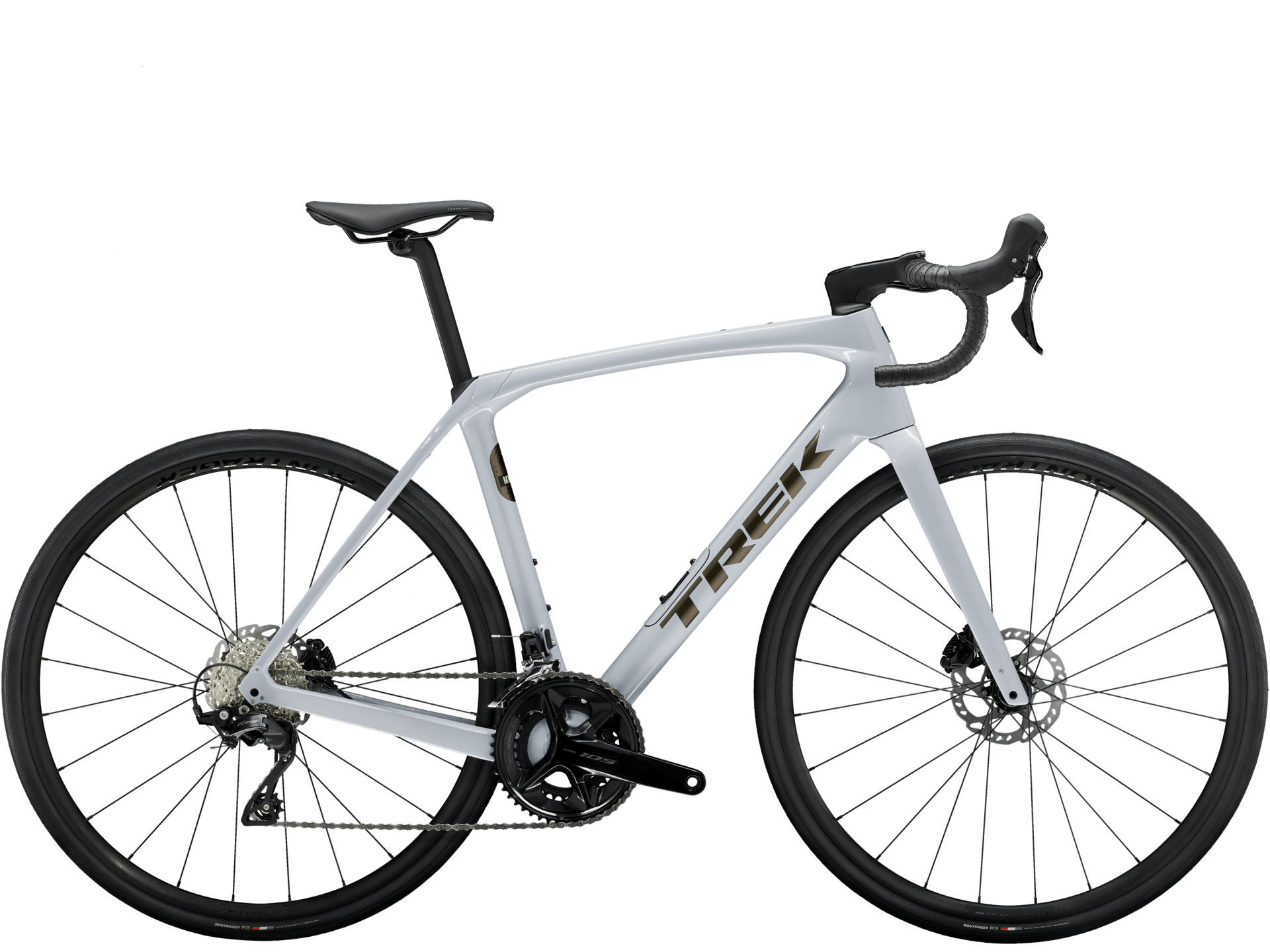 White Trek Domane SL 5 Gen 4 with Shimano 105 2x12spd groupset and hydraulic disc brakes.