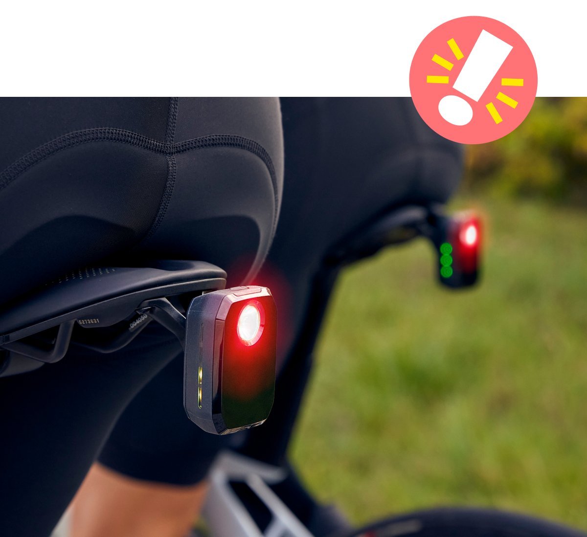 Close-up of Trek CarBack rear radar light installed on a bicycle saddle