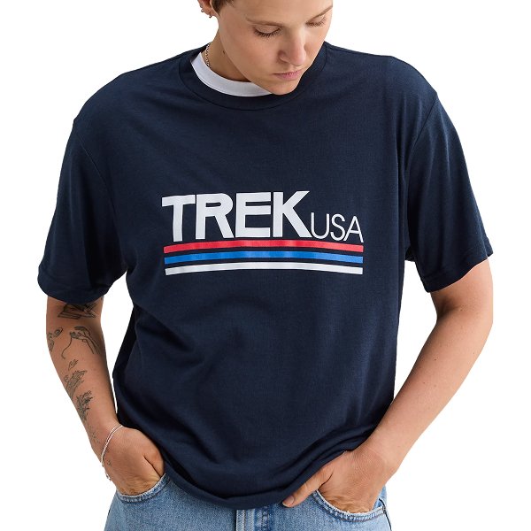 Studio shot of model wearing Trek USA Unisex T-Shirt