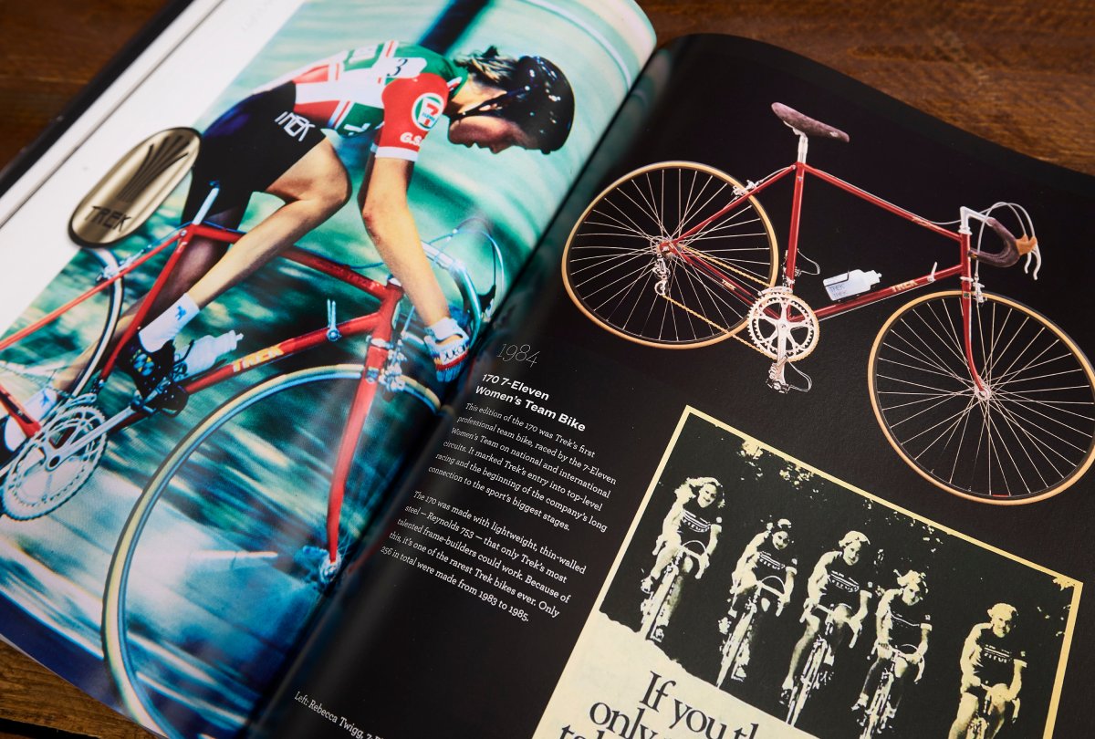 An open spread from the Trek 50th Anniversary Book showing a 1984 7-Eleven Women's Team rider in action and a red vintage 170 team bike