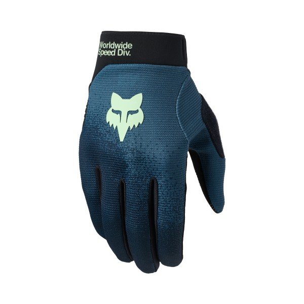 A dark teal Fox Racing MTB glove with a glow-in-the-dark fox head logo
