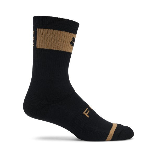 A black Fox Racing crew sock with a tan stripe and logo