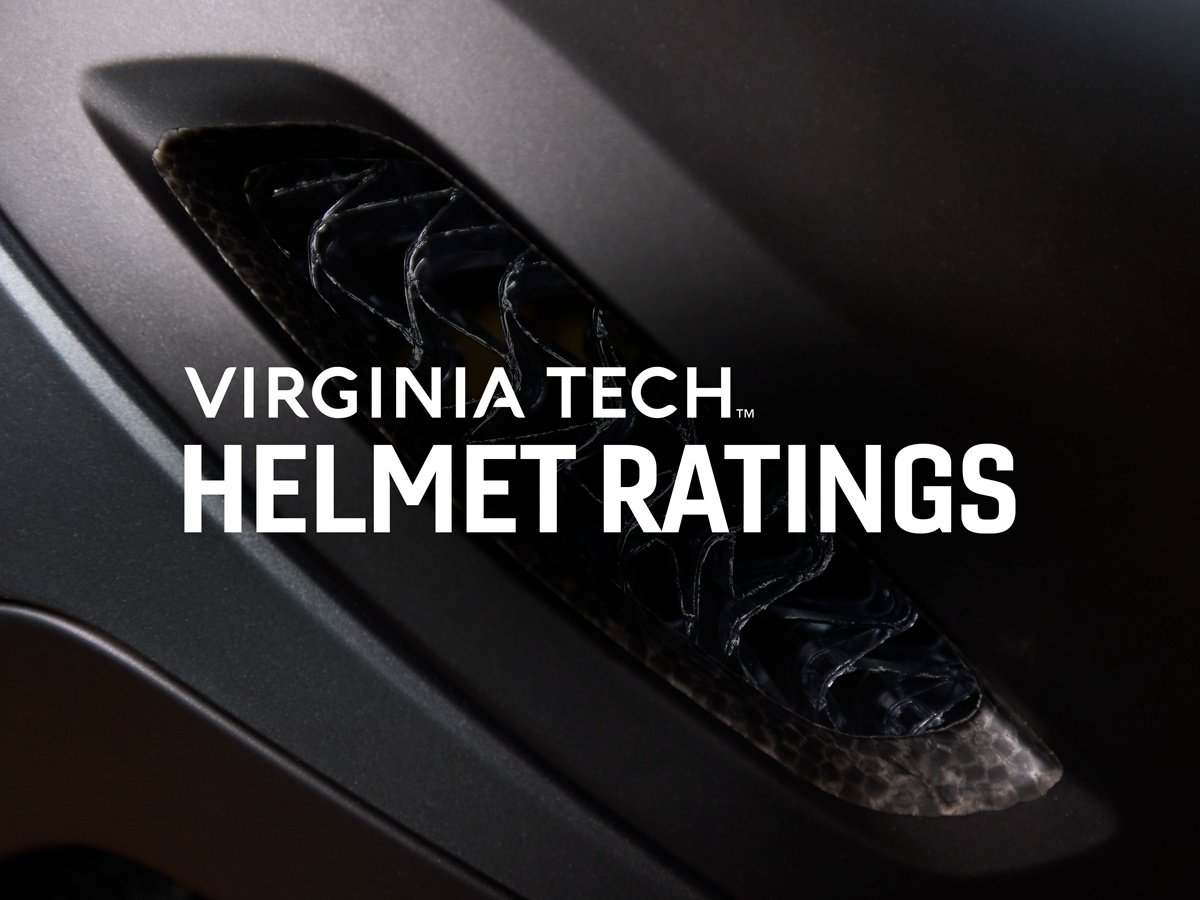 Close-up of the Trek Charge WaveCel helmet's ventilation channel with Virginia Tech Helmet Ratings text overlay
