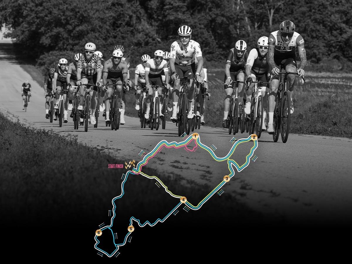 Cyclists riding down a tree-lined road, with the Trek 100 Texas course route mapped over the photo