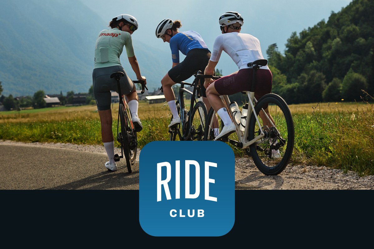 Three cyclists on a country road with the Ride Club app icon.