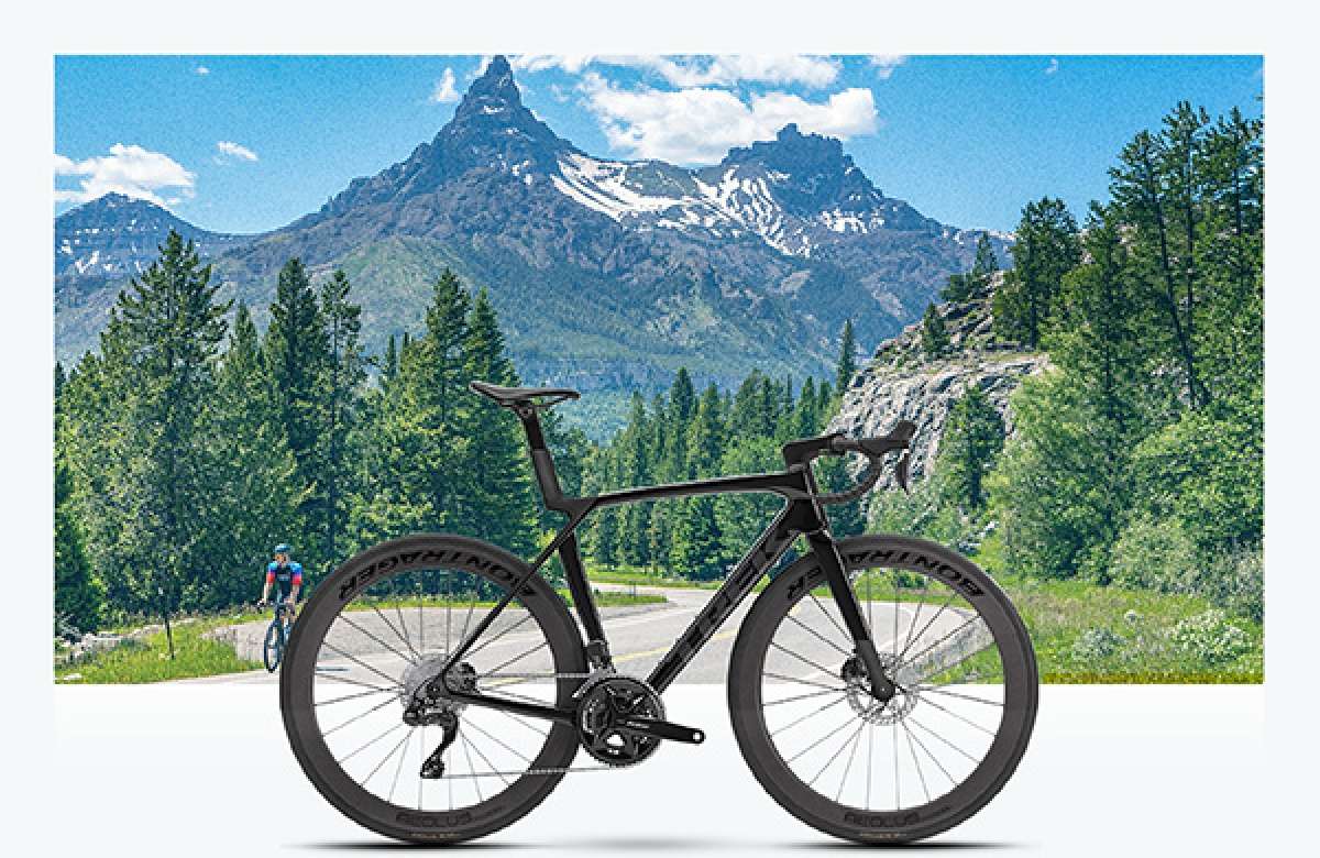 A sleek black road bike with disc brakes and deep-section wheels is prominently featured in the foreground, while a cyclist rides along a winding mountain road surrounded by dense green forests and towering snow-capped peaks under a bright blue sky.