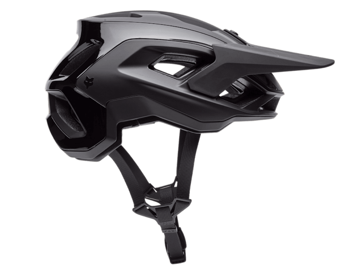 Fox Racing Speedframe RS mountain bike helmet in black, with an adjustable visor, deep-cut vents and a magnetic buckle strap.