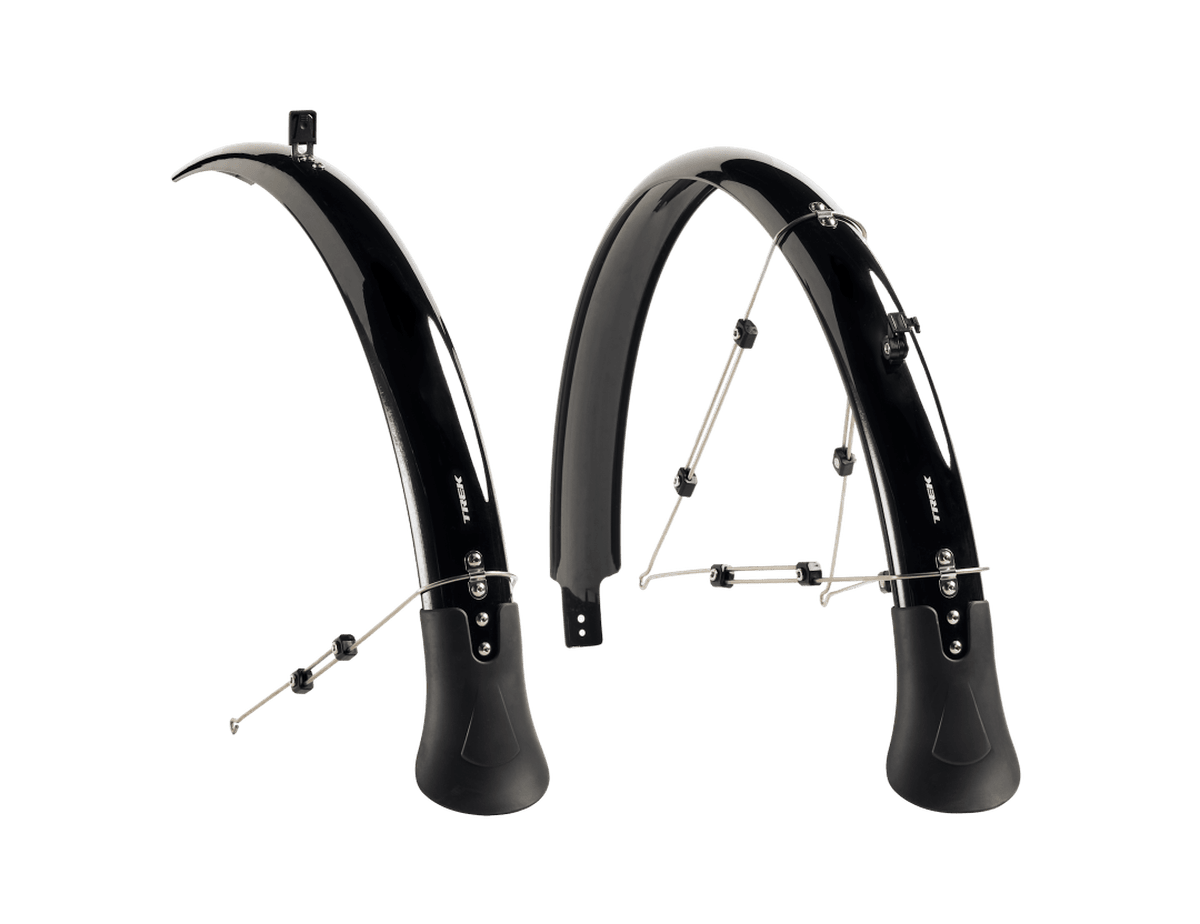 The Trek NCS Fender Set, a pair of glossy black clip-on fenders with silver stays.
