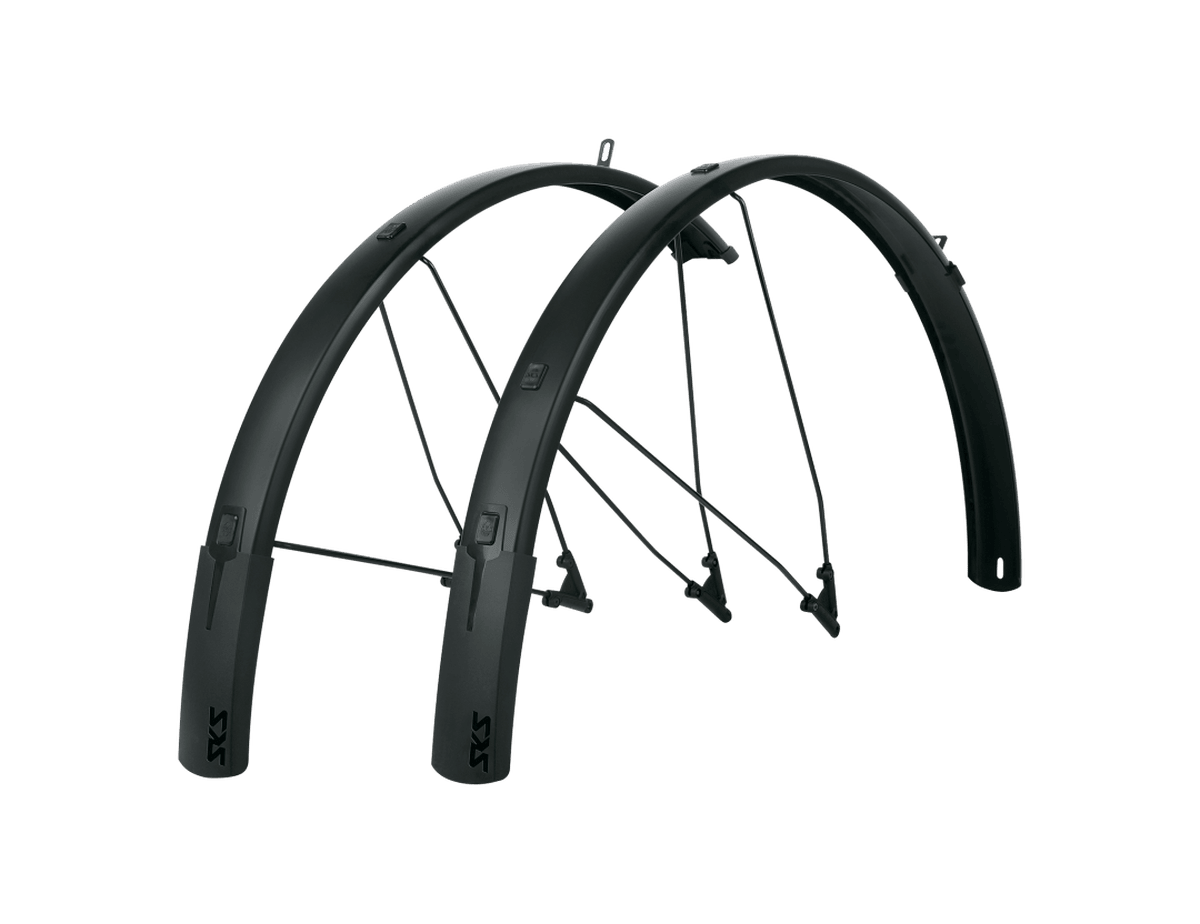 The SKS Bluemels B56 STYLE Fender Set, a pair of matte black full-length fenders with wire stays.