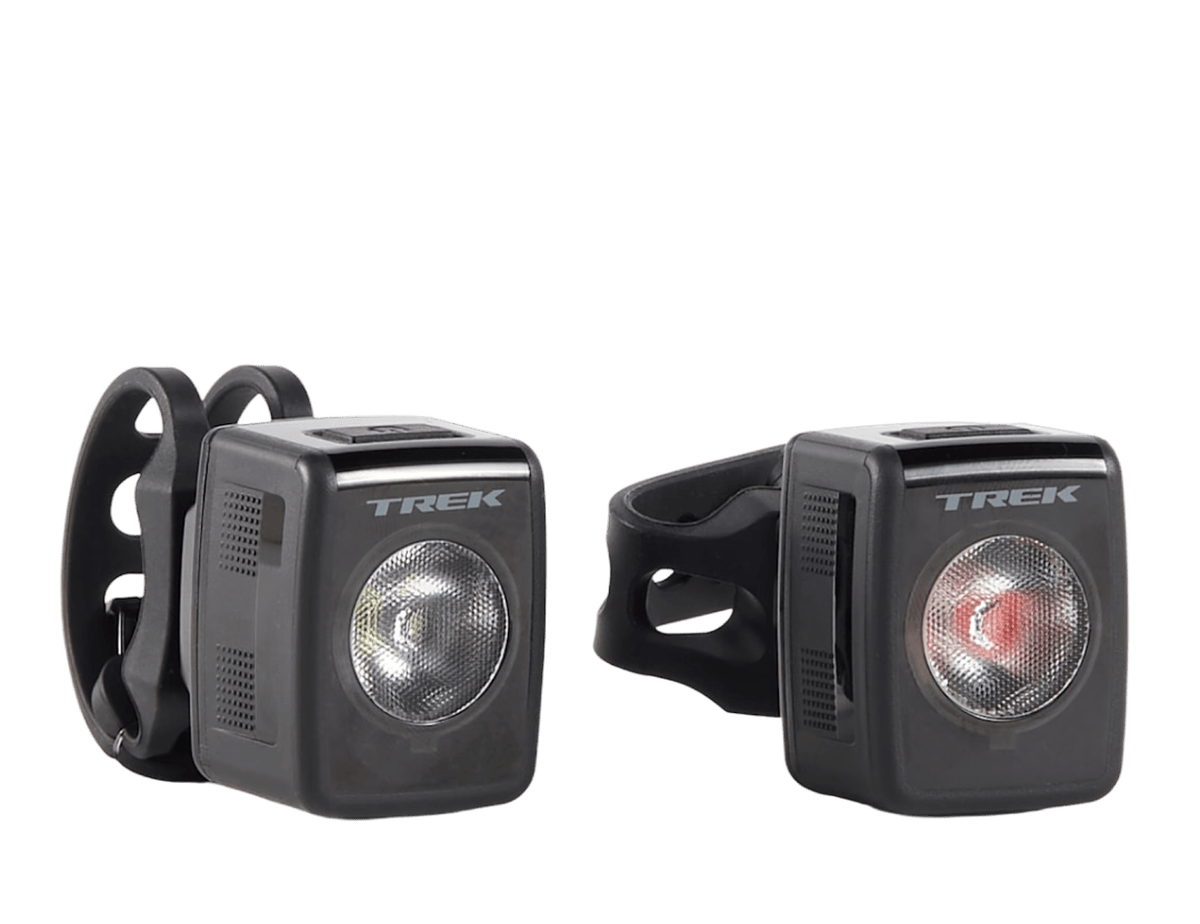 The Trek Ion 200 RT / Flare RT Bike Light Set, a black front and rear light pair with rubber mounts.