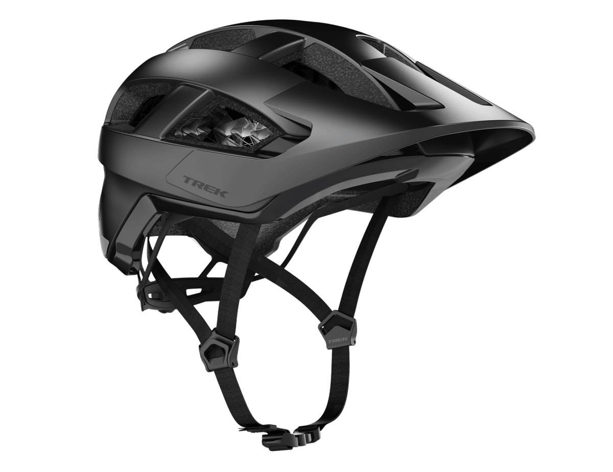 The Trek Quantum WaveCel Helmet, a black mountain bike helmet with a visor.