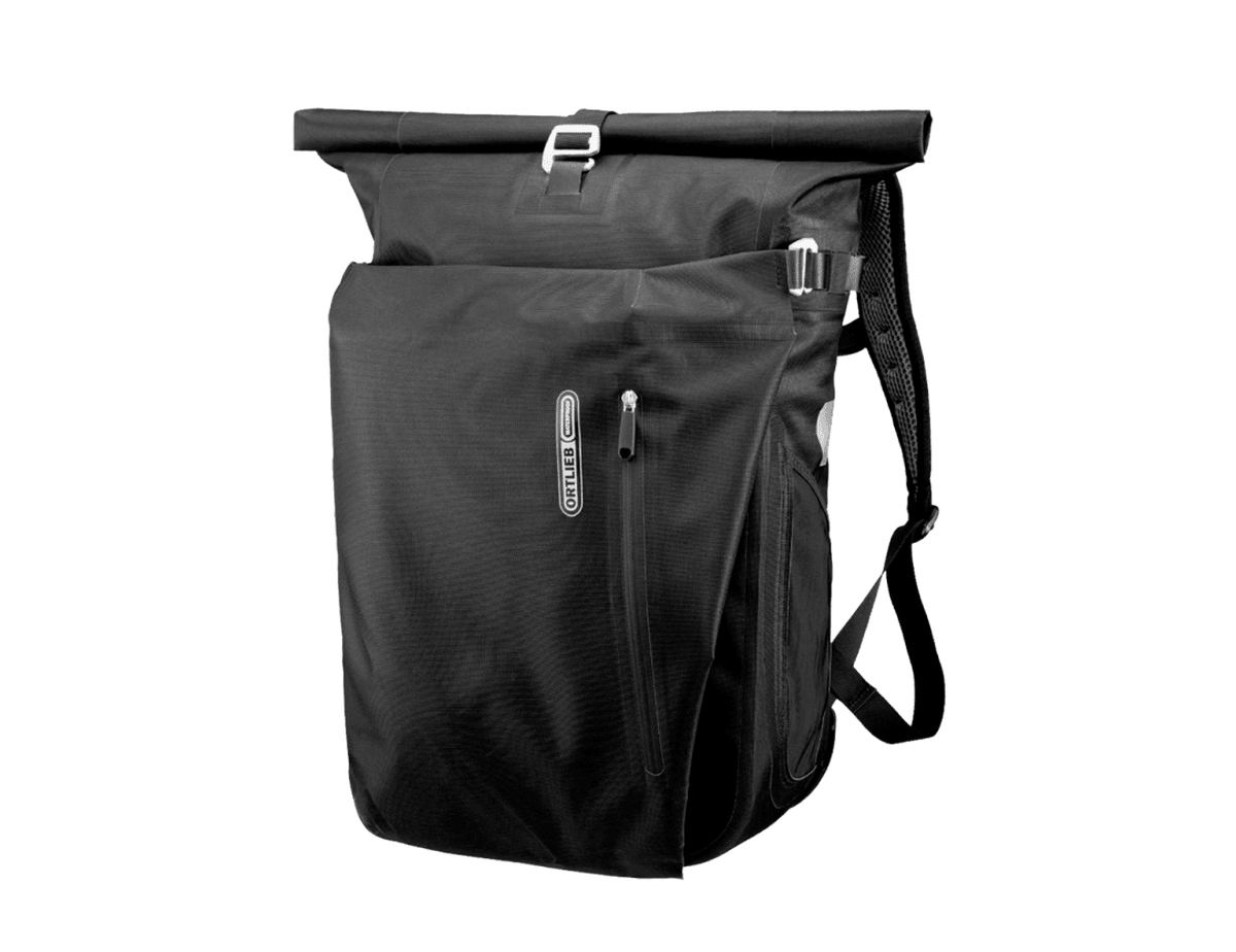 The ORTLIEB Vario PS Backpack Pannier, a black roll-top bag with backpack straps.
