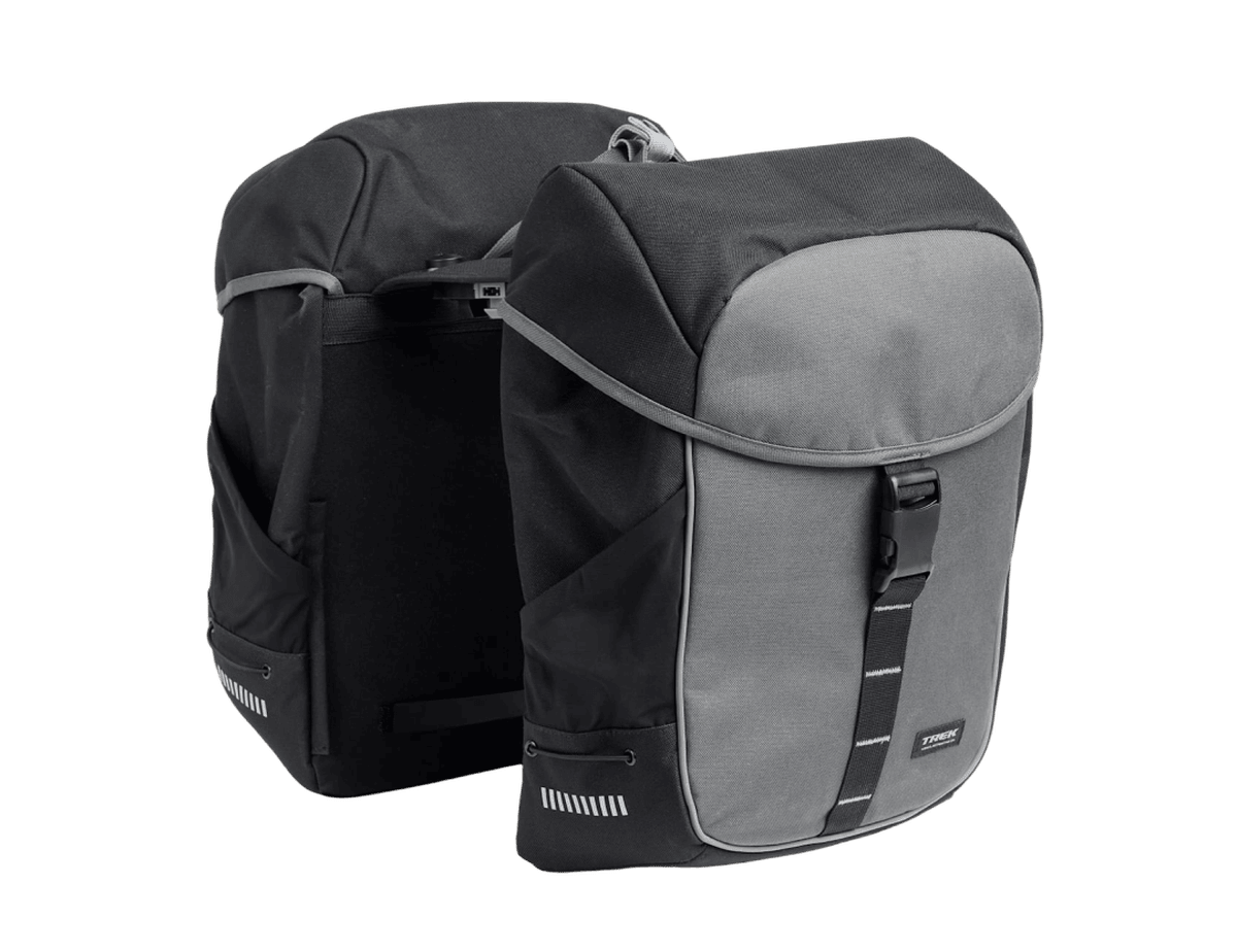 The Trek MIK 2.0 Commuter Double Pannier, a pair of black and grey rack-mounted bags.