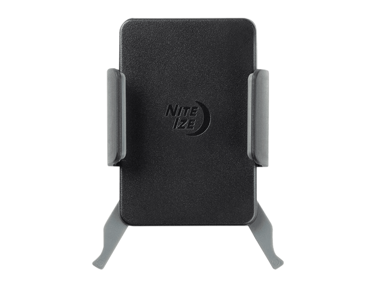 The Nite Ize Squeeze Rotating Smartphone Bar Mount, a black phone cradle with grey side grips.