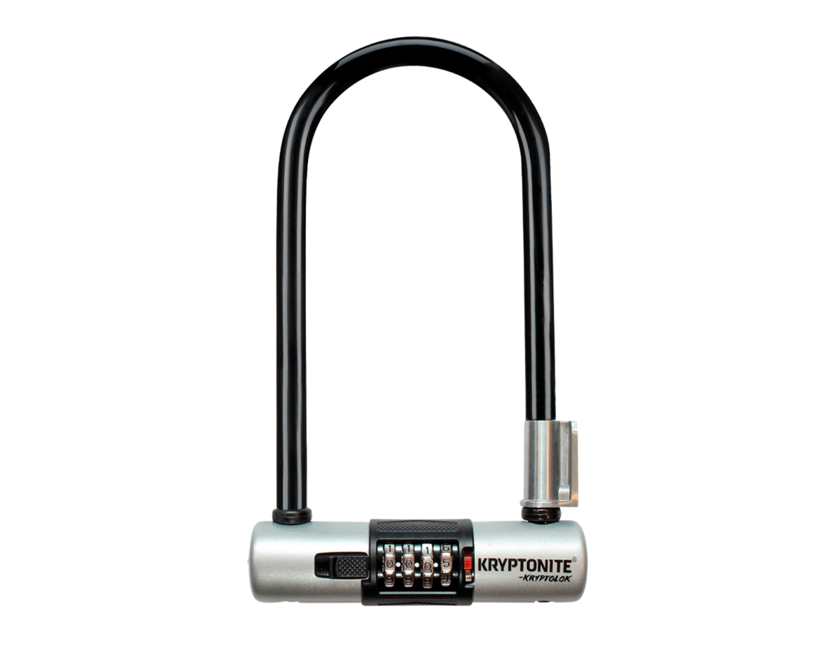 The Kryptonite KryptoLok Combo Ulock, a black U-lock with a silver combination lock body.