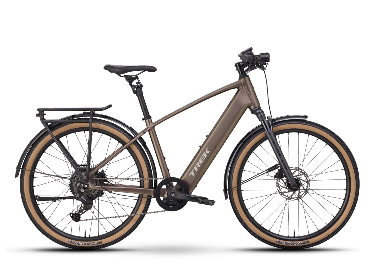 Trek FX+ 2 electric hybrid bike in brown with a rear rack