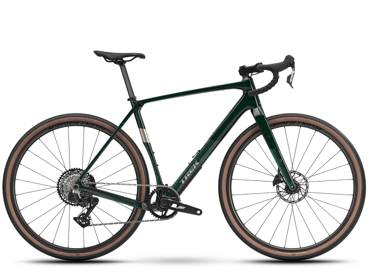 Trek Checkpoint SL 6 gravel bike in dark green on a green background