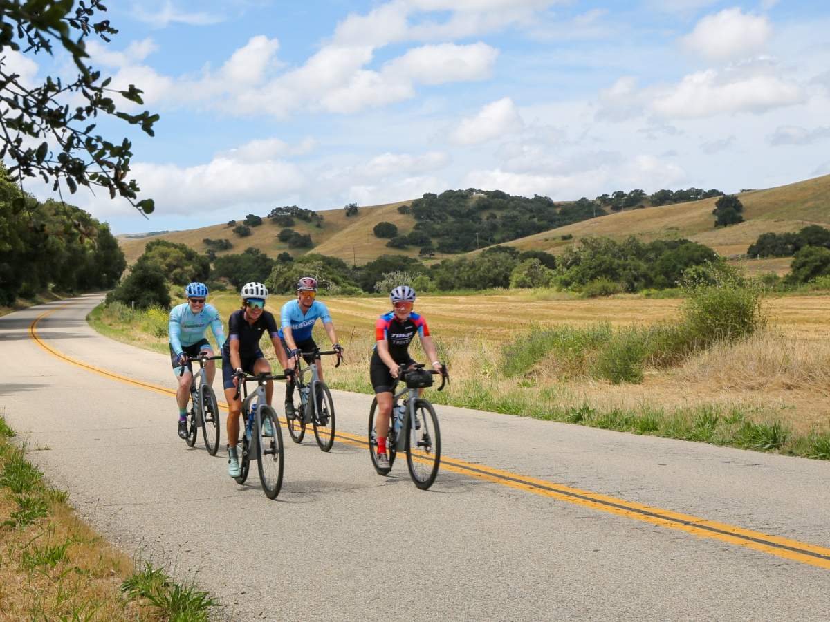 Four cyclists riding a country road through golden hills near Solvang
