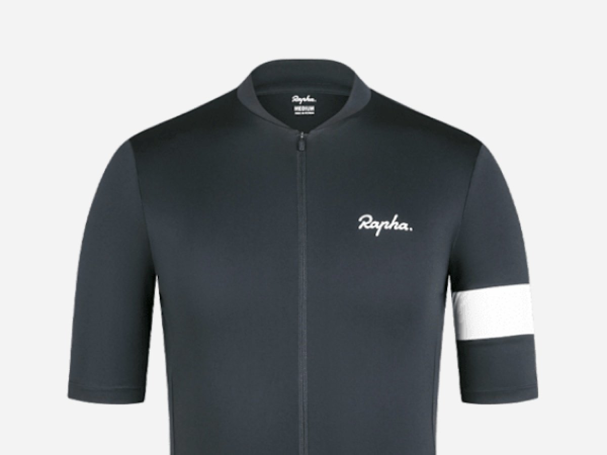 Black Rapha cycling jersey with a white sleeve stripe