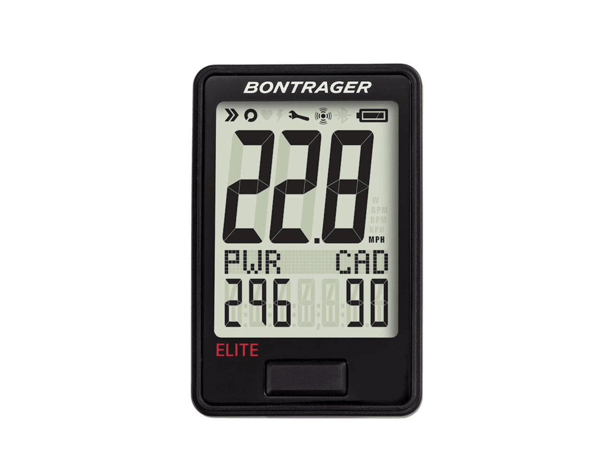 Bontrager RideTime Elite bike computer showing speed, power and cadence