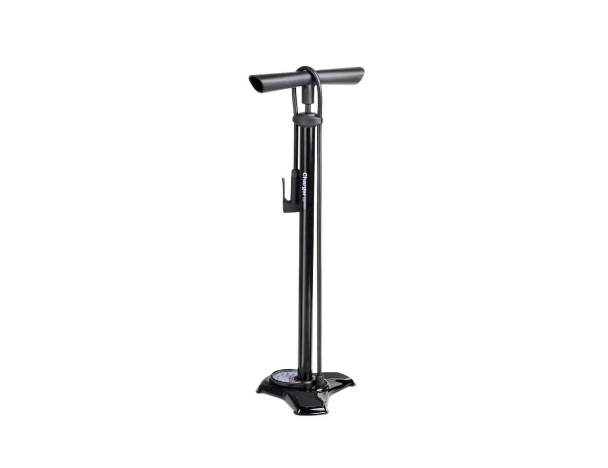 Trek Charger floor pump with a black base and pressure gauge