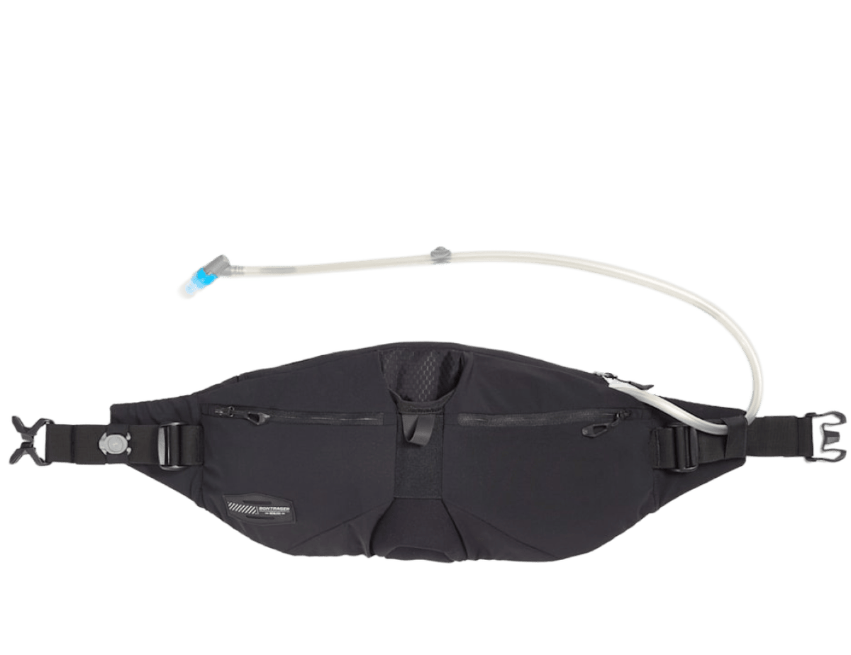 Black Bontrager Rapid Pack Hydro waist pack with a hydration tube