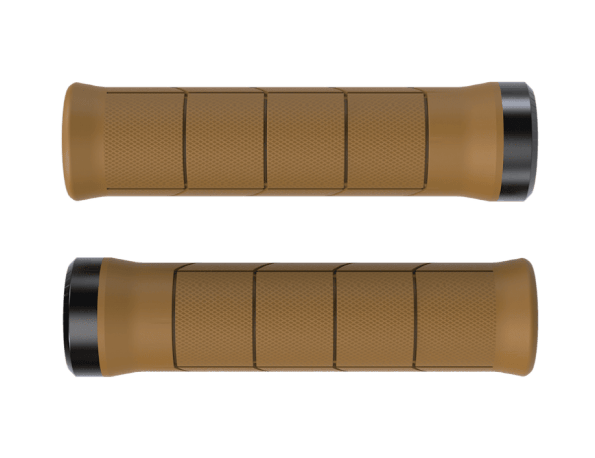 Pair of tan Trek Line Elite MTB grips with black lock rings