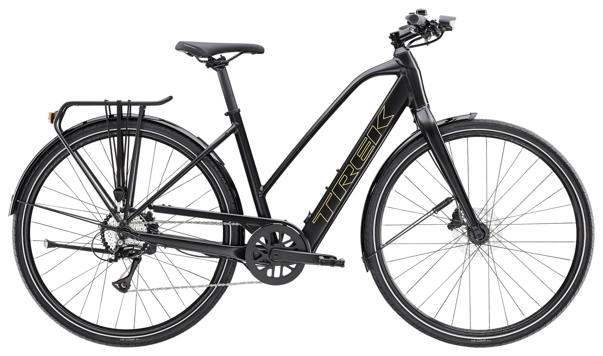 Trek FX+ 2 Midstep LT, the step-through version of the FX+ 2 LT, side profile on white background
