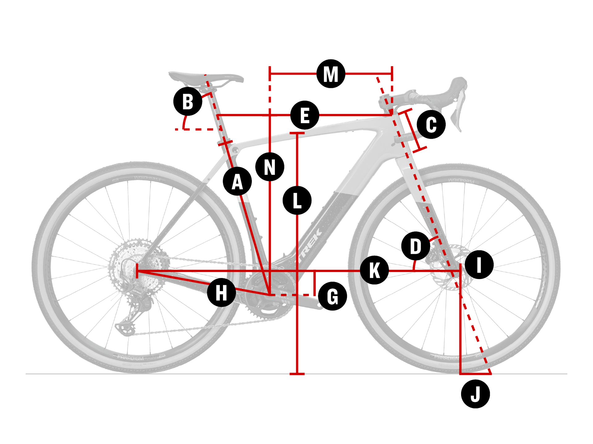 Trek Checkpoint+ SL 5 geometry diagram with measurement letters