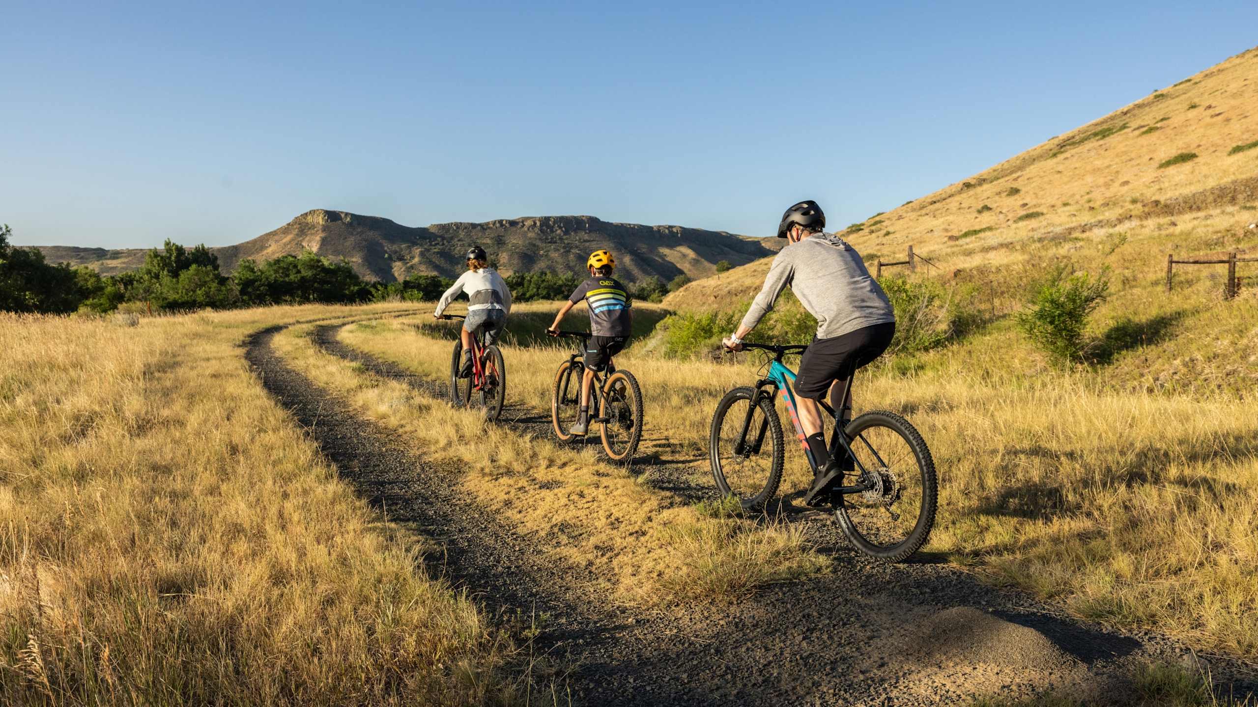 Tre cyklister på Trek mountainbikes på tur gennem et åbent landskab