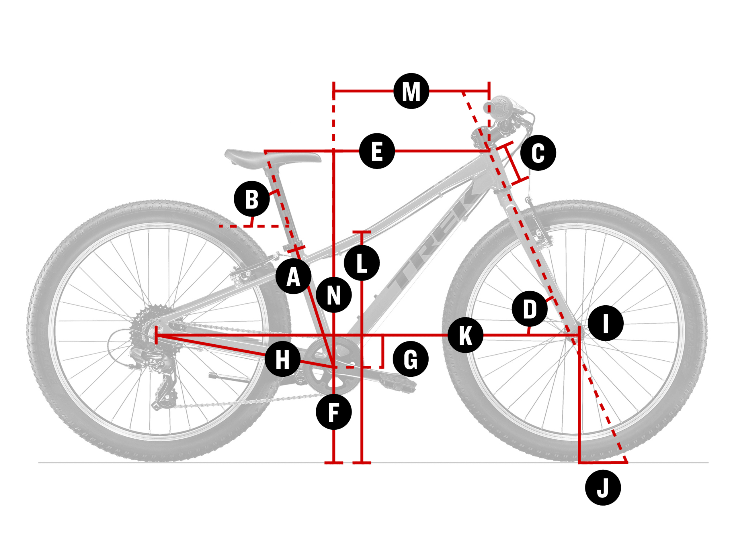 Labelled bike diagram showing geometry points A to N.
