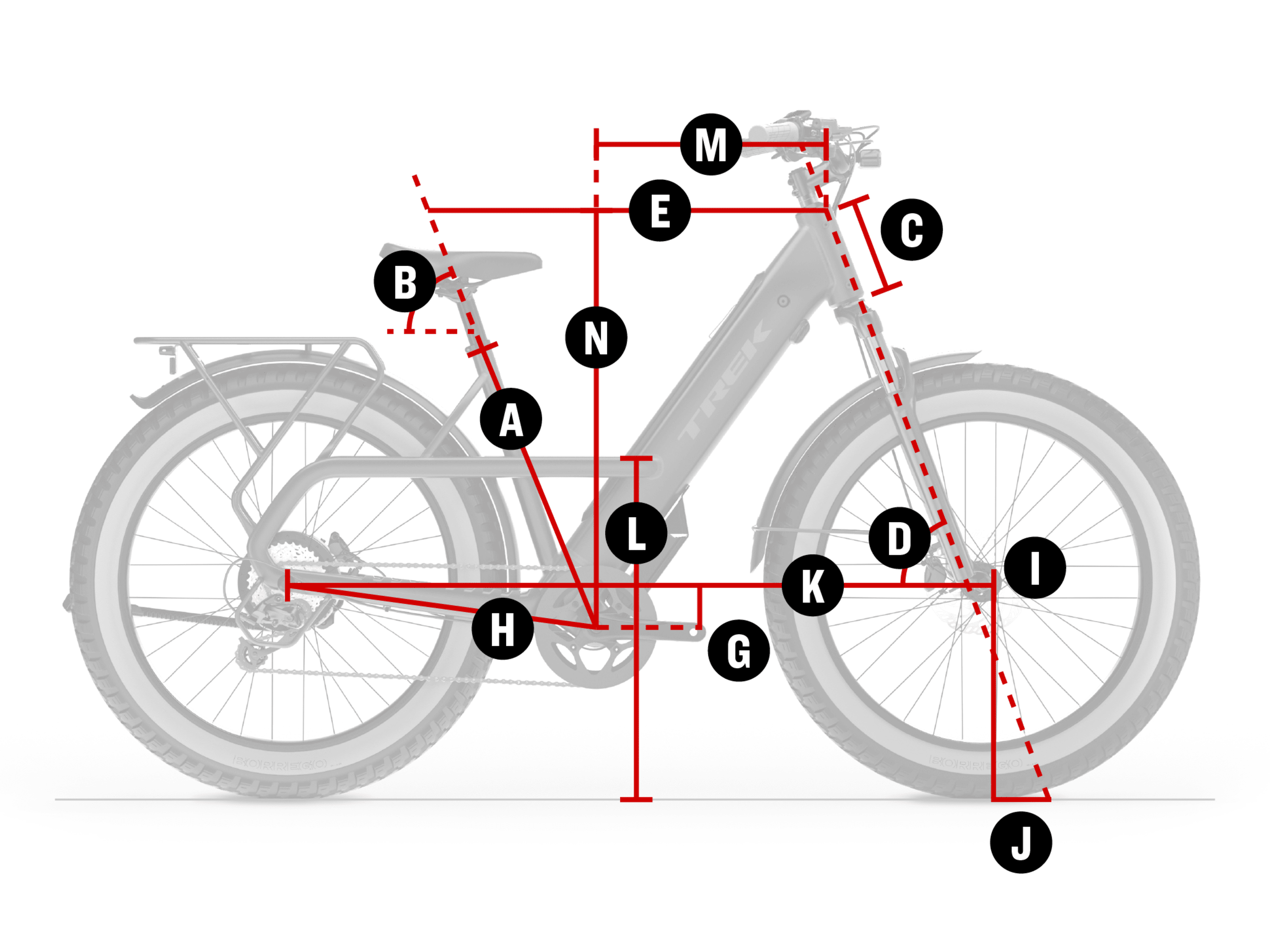 Labeled bike diagram showing geometry points A to N.