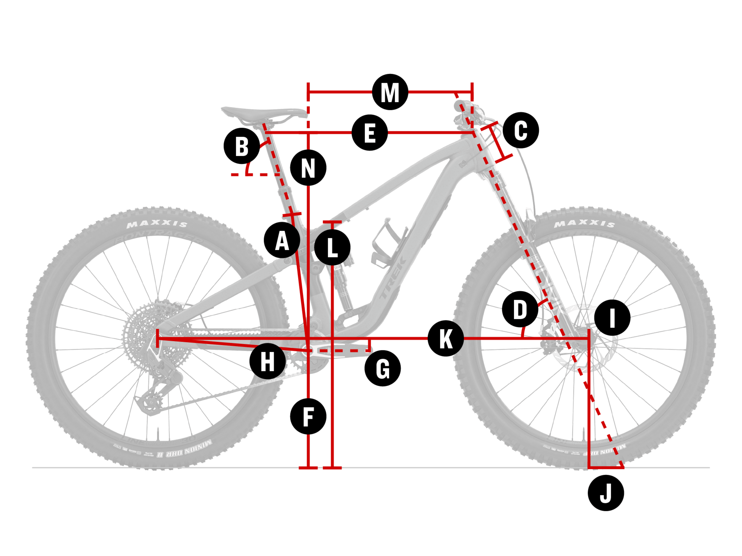 Labelled bike diagram showing geometry points A to N.